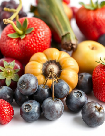 Mix of fresh fruits and berries on white background, close-up