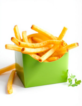 French fries in a green box on a white background. Selective focusの写真素材