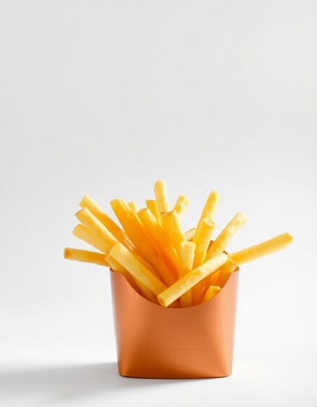 Golden French Fries in a Paper Cup on a White Background.