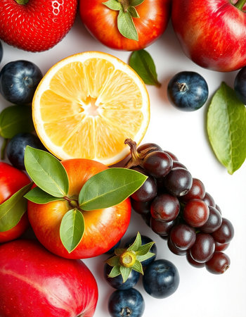 Healthy food background. Fruits and berries on white background.の写真素材