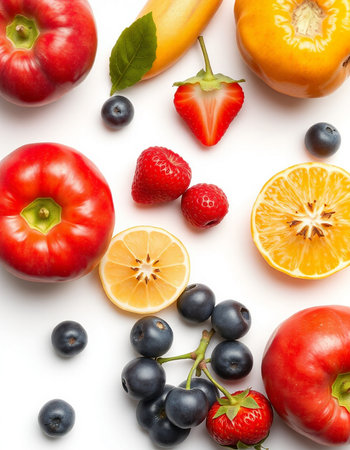 Fruits and berries isolated on white background. Flat lay, top view