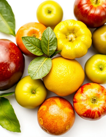 Variety of fruits including lemons, apples, tomatoes and orangesの写真素材