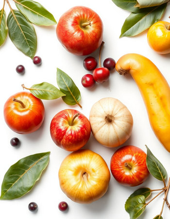 Autumn fruits and vegetables on white background. Flat lay, top viewの写真素材