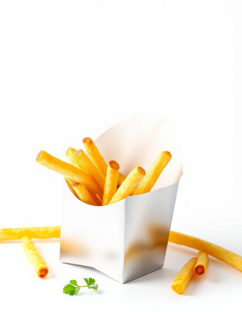 French fries in a paper box on a white background. Isolatedの写真素材