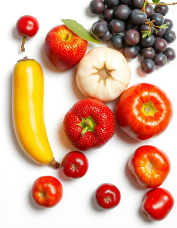 fresh fruits and vegetables isolated on white background, top view, flat layの写真素材