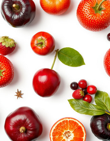 Fresh fruits and berries isolated on white background. Flat lay, top viewの写真素材