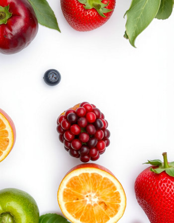 Fruits and berries isolated on white background. Top view. Flat lay.の写真素材
