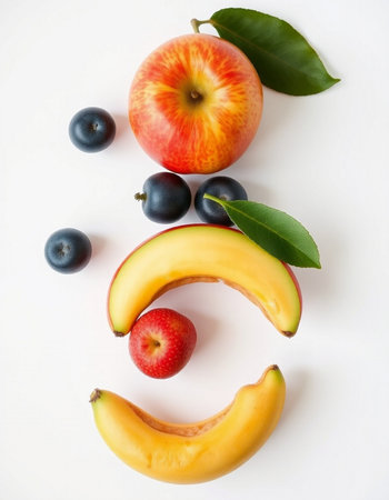 Fruit face made of banana, apple, blueberry and plumの写真素材