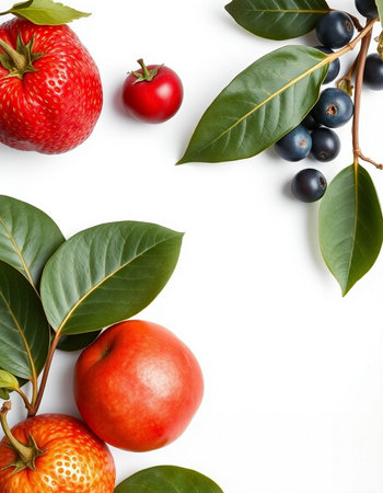 Fruits and berries on a white background. Flat lay, top view.