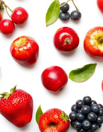 Fruits and berries isolated on white background. Flat lay, top viewの写真素材