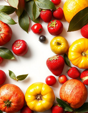 Fruits and vegetables on a white background. View from above.