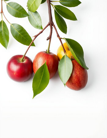 Red and yellow nectarines with green leaves on a white backgroundの写真素材