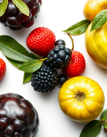 Blackberry, raspberry, blackberrycot and apple on white background