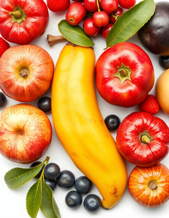 Fruits and vegetables isolated on a white background. Top view.の写真素材