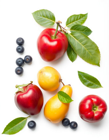 Fruits and berries on white background. Flat lay, top view