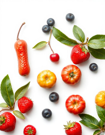Fresh fruits and berries on white background. Flat lay, top viewの写真素材