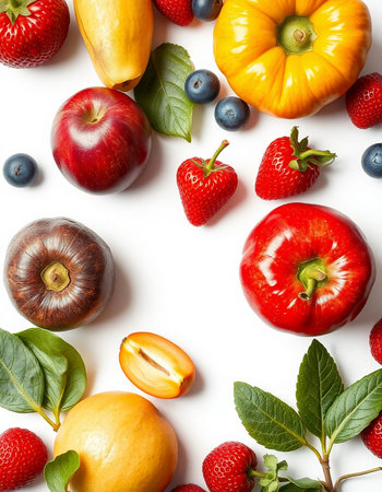 Fresh fruits and vegetables isolated on white background. Top view. Flat lay