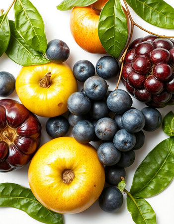 Fruits and vegetables isolated on a white background. Top view.の写真素材