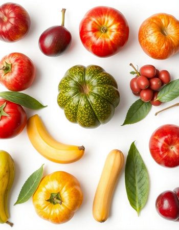 Fruits and vegetables on white background. Flat lay, top viewの写真素材