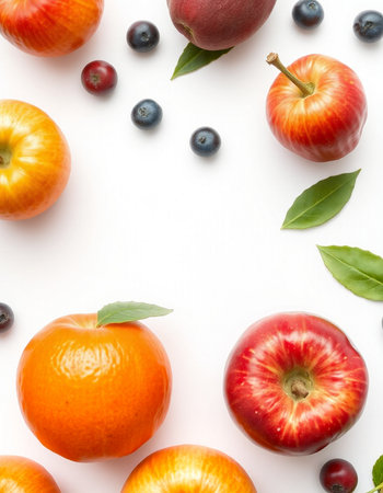 Red apples, blueberries and oranges with green leaves on white backgroundの写真素材
