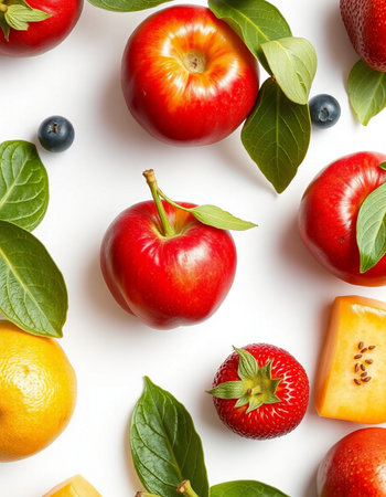 Fruits and berries on white background. Flat lay, top view