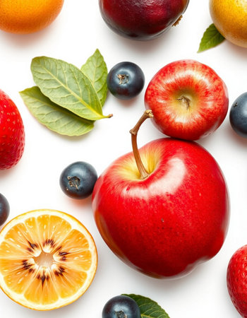 Fruits and berries isolated on white background. Flat lay, top viewの写真素材