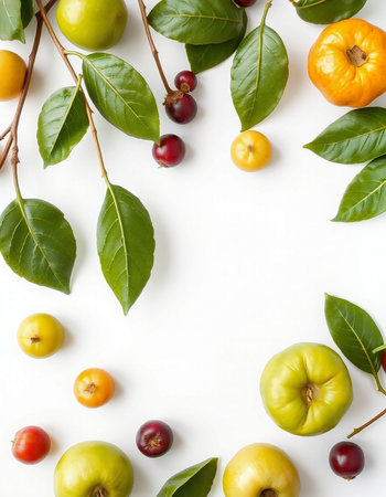 Flat lay composition with different fruits and leaves on white background, top viewの写真素材