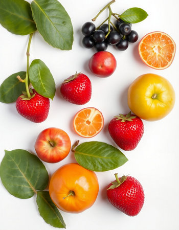 Fruits and berries on a white background. View from above.