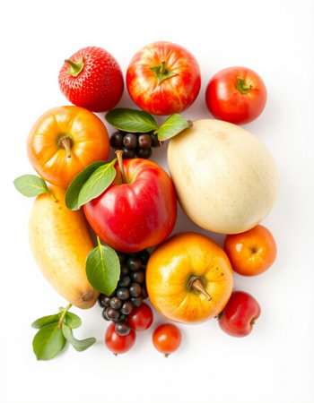 Fresh fruits and vegetables isolated on a white background. Healthy food.