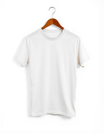 White t-shirt on wood hanger isolated on white background.