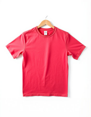 Red t-shirt on wood hanger isolated on white background.の写真素材
