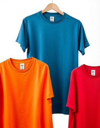 T-shirts on a hanger isolated on a white background.の写真素材