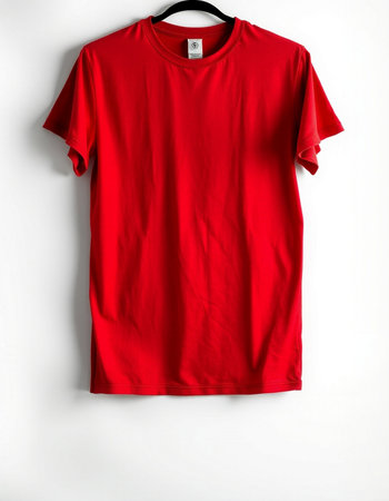 Red t-shirt on white background, top view. Mockup for design