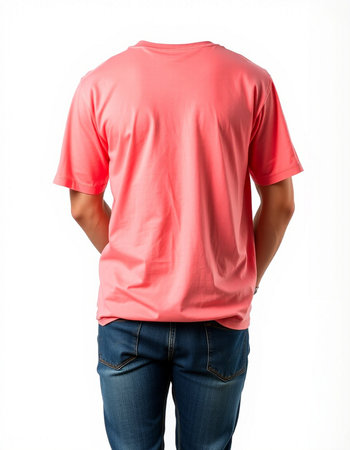 Man wearing blank t-shirt (back side) isolated on white backgroundの写真素材