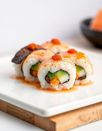 Sushi roll with salmon, cucumber, avocado and cream cheeseの写真素材