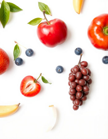 Fresh fruits and berries isolated on white background. Flat lay, top viewの写真素材