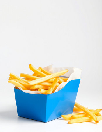 French fries in a blue box on a white background. Fast food.