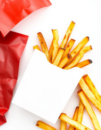 close up of french fries and blank card on white background with clipping pathの写真素材