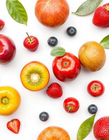 Fruits and berries isolated on white background. Flat lay, top view