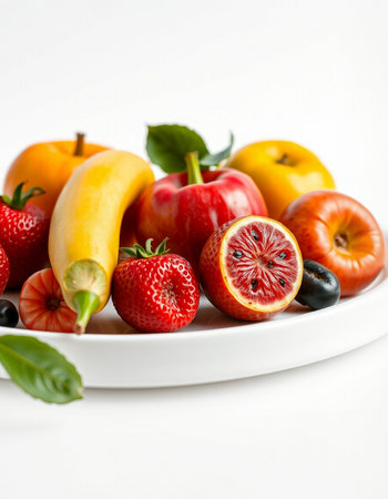 Fruits on a white plate, close-up, selective focusの写真素材