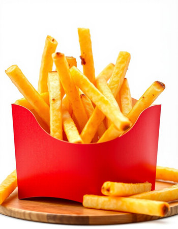 French fries in a red box on a white background, close-up