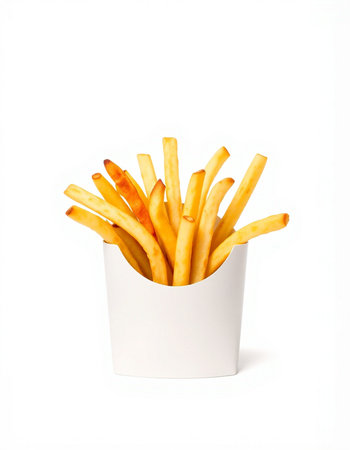 French fries in a paper box on a white background. Isolated