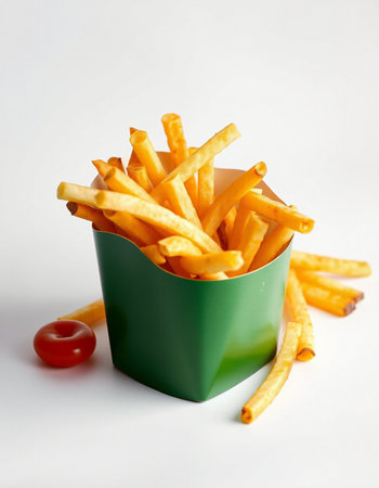 French fries in a green box on a white background, fast foodの写真素材