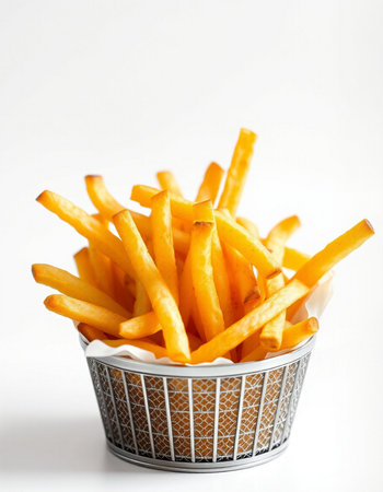 French fries in a basket on a white background. Selective focus.の写真素材