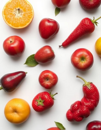 Fresh fruits on a white background. Flat lay, top view.の写真素材