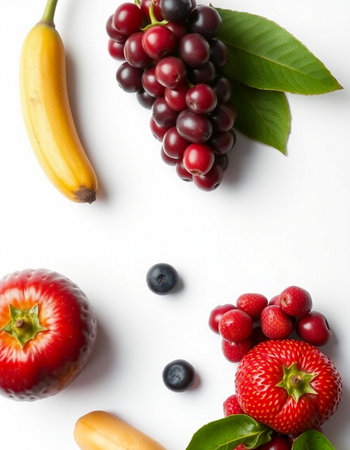 Fruits and berries on white background. Flat lay, top viewの写真素材