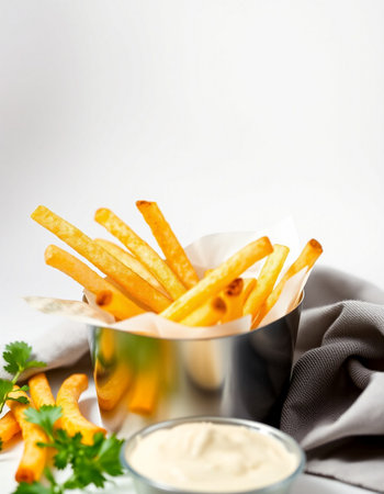 French fries with mayonnaise on a white background. Selective focus.