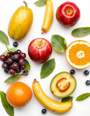 Assorted fresh fruits with leaves on white background. Top view.