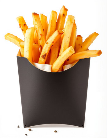 French fries in paper box isolated on white background. Selective focus.