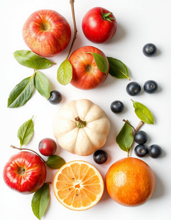 Autumn fruits and vegetables on white background. Flat lay, top viewの写真素材